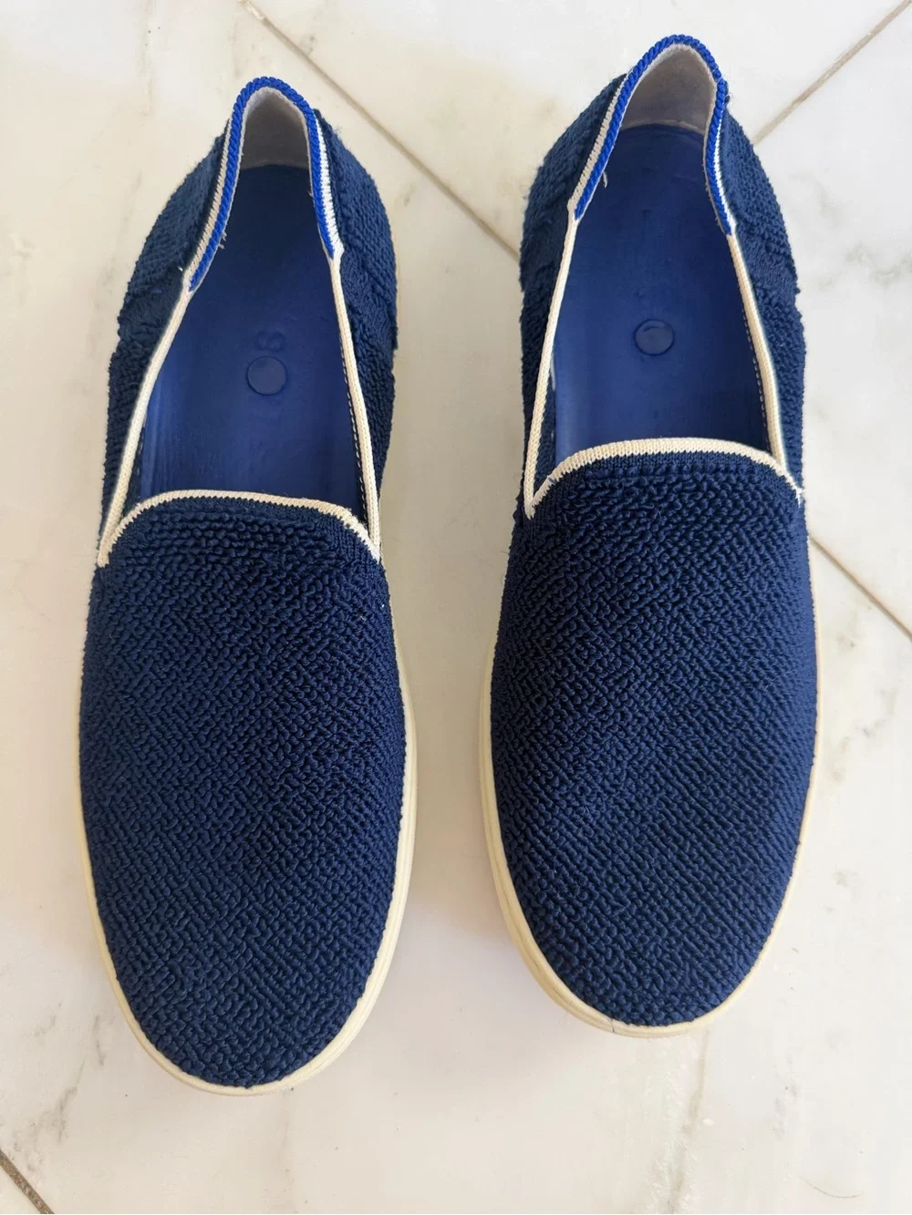 Rothy’s Women’s 9 Navy Blue Knit Flat Loafers with mint accents off white soles